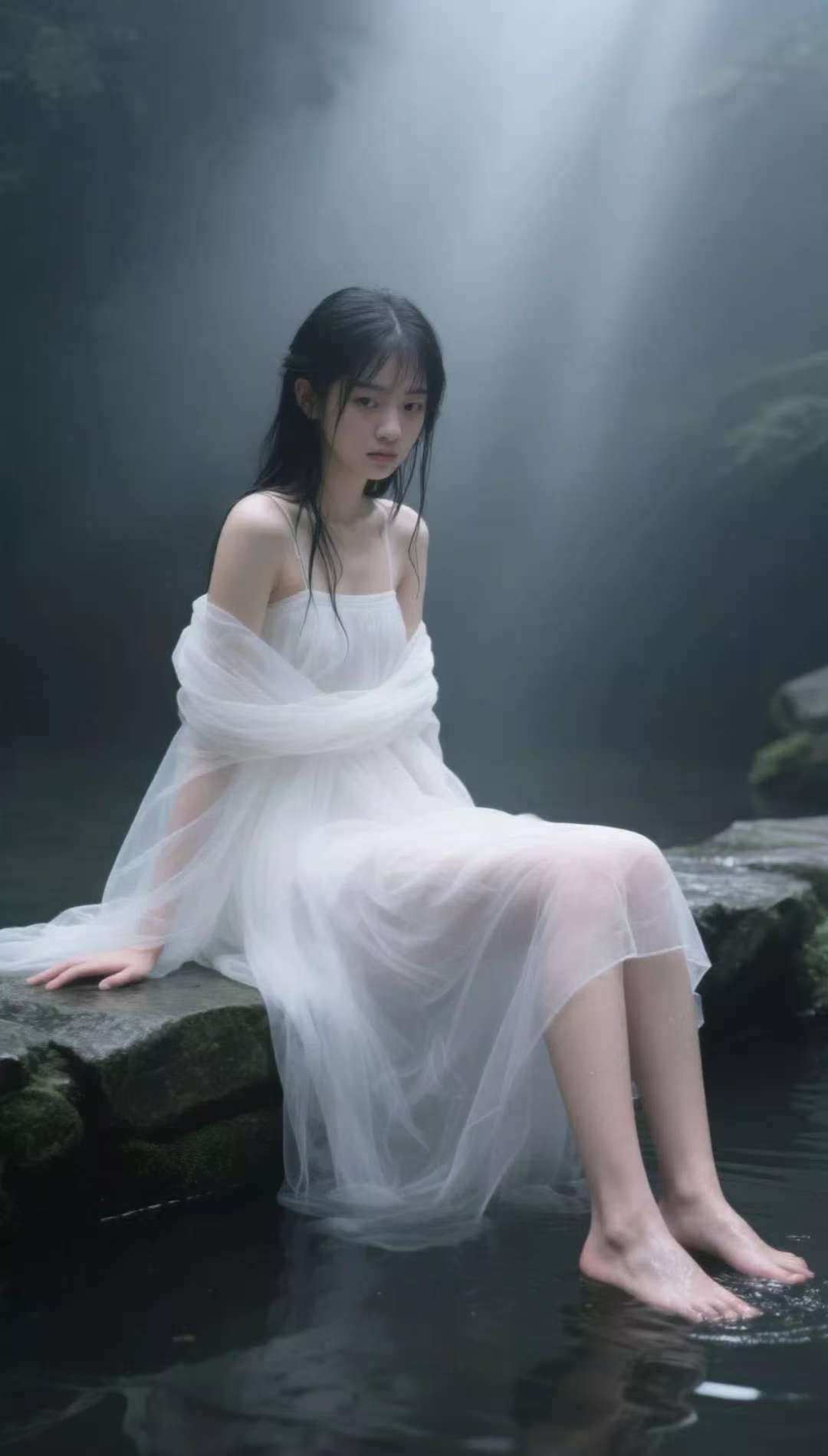 在朦胧雾霭与斑驳光影交织的水畔，她身着一袭飘逸白纱