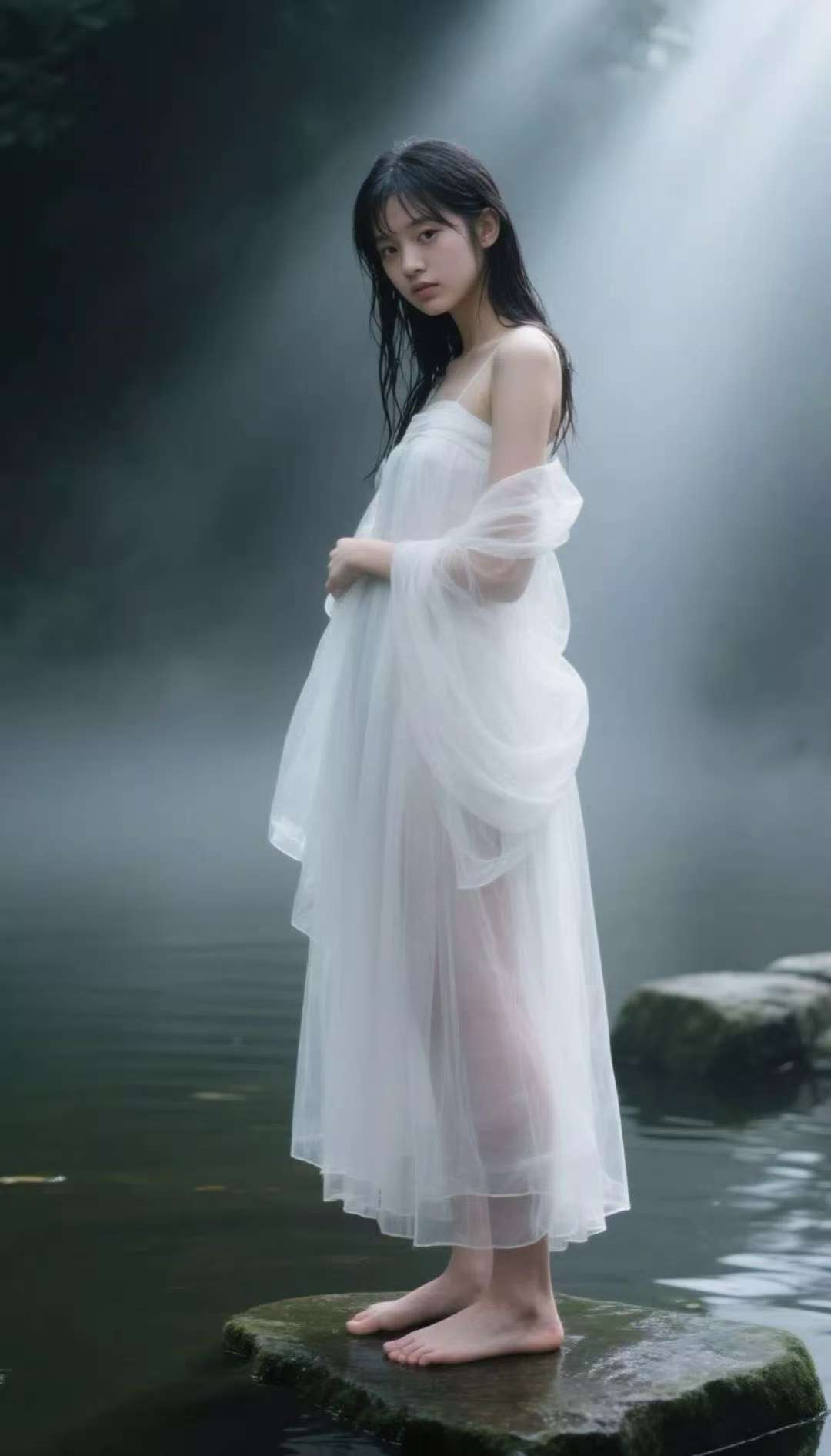 在朦胧雾霭与斑驳光影交织的水畔，她身着一袭飘逸白纱