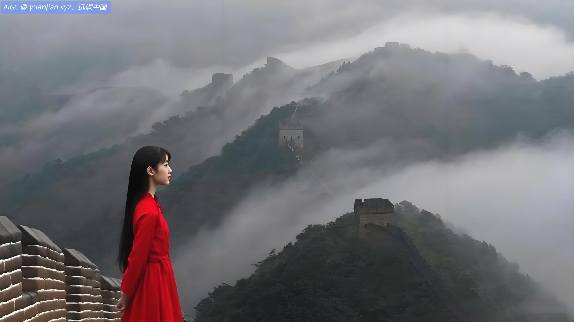 一位红衣少女正在凝视黄崖关长城：关山雄伟，云雾缭绕。