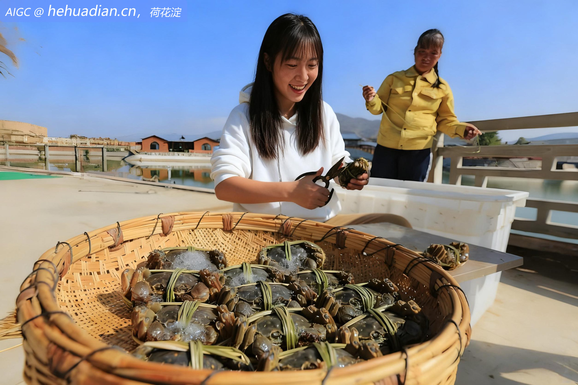 甘肃省定西市鲁家沟镇，工人捆扎大闸蟹