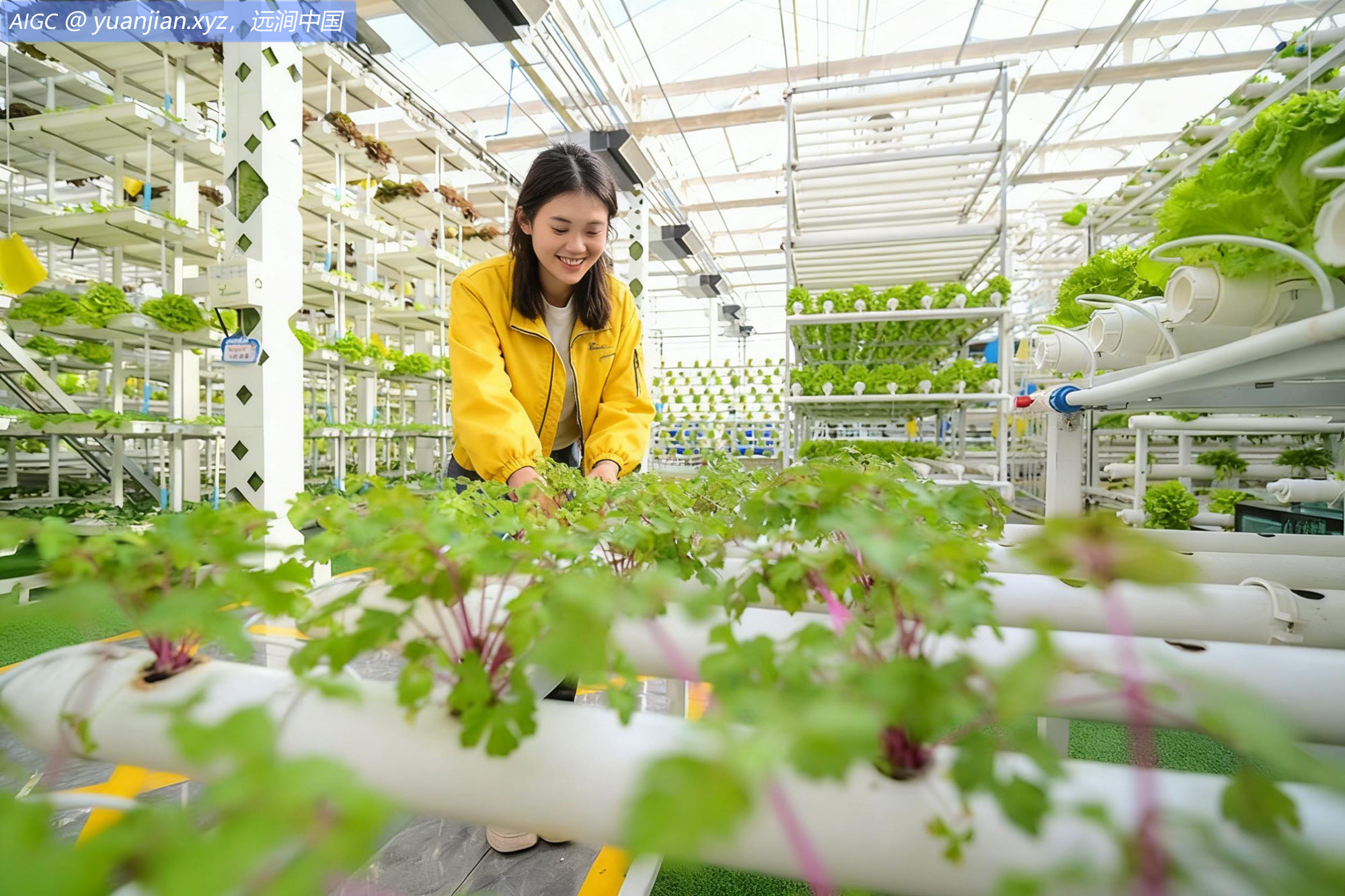 新疆昌吉智慧农业科技馆内，工作人员正在管护蔬菜