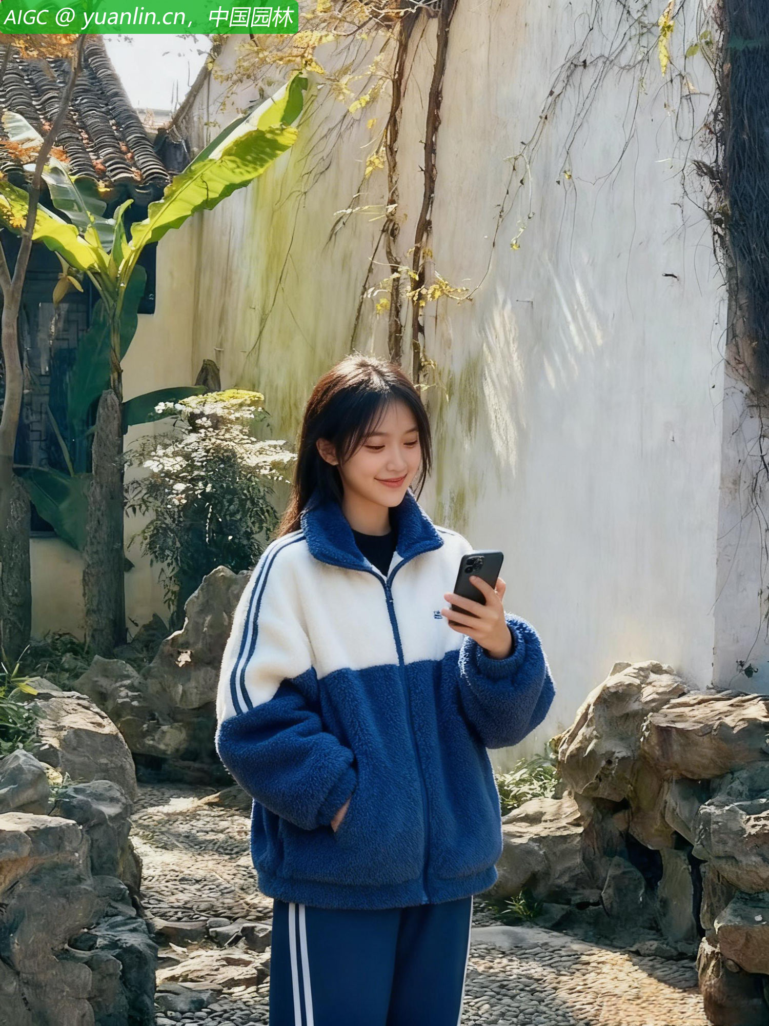 “姑娘：走路看景，不要看手机！”