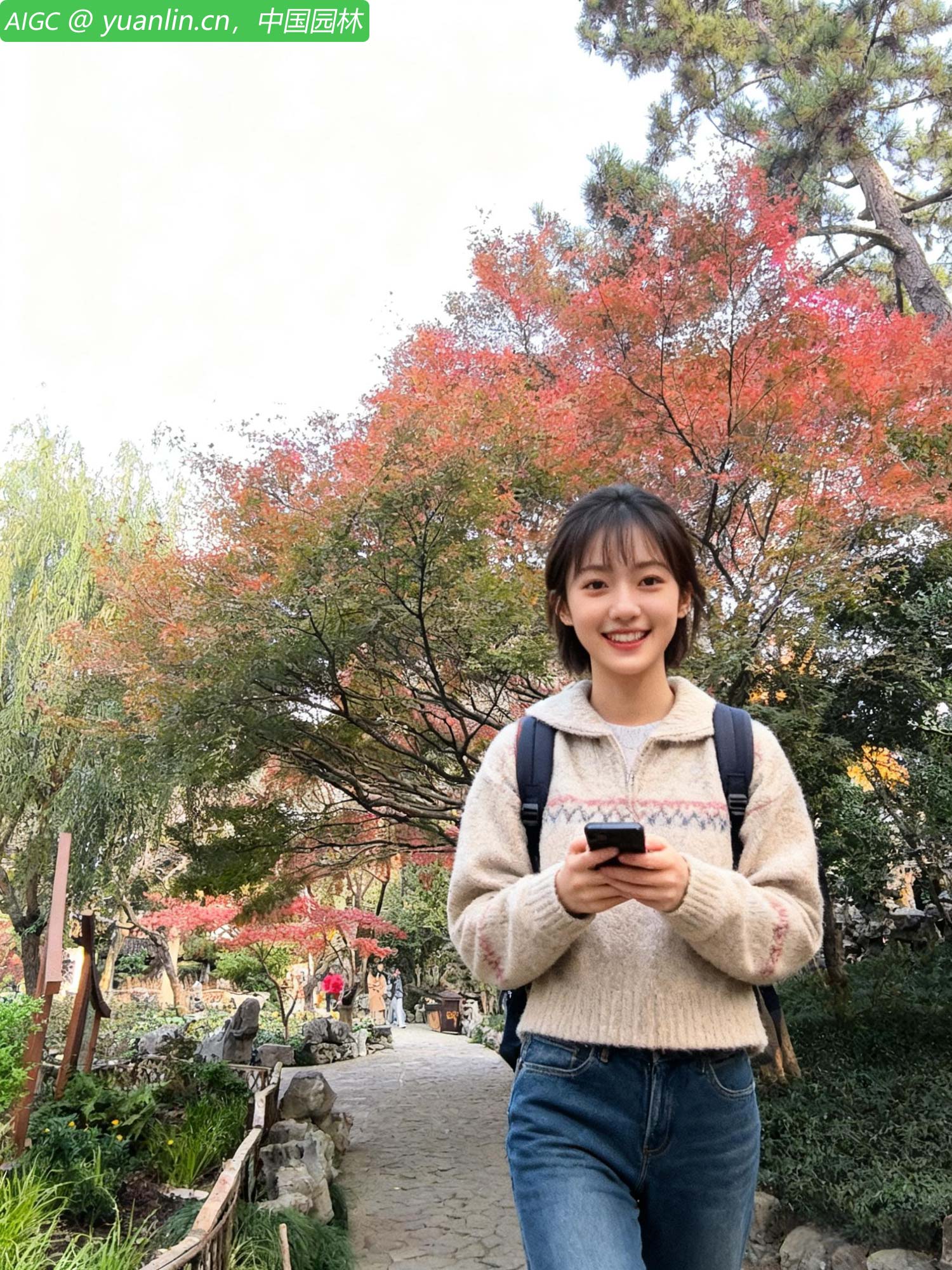 古漪园秋叶染红，重重叠叠的金黄与红色交织