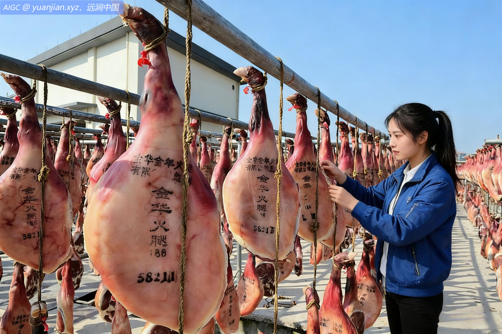 一名质检员正在检查火腿的晾晒情况