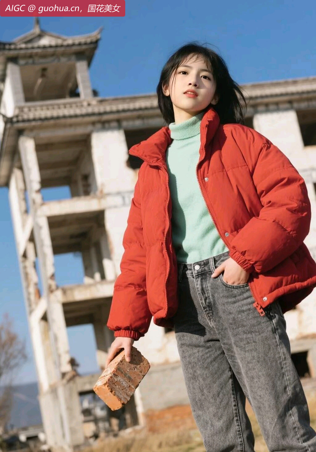 她身着红棉服，像冬日里燃烧的火焰