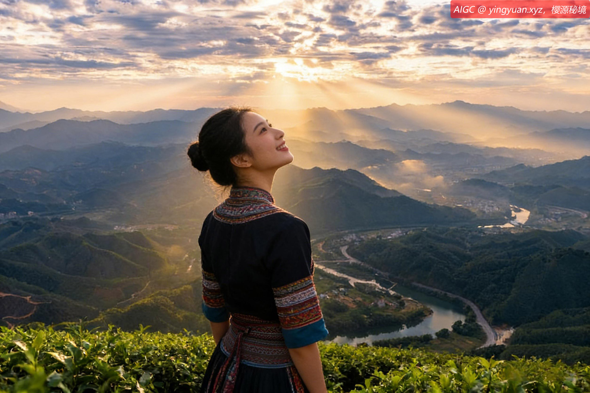 广西梧州市明觉村，河流、村庄、公路在阳光的映照下蔚为壮观