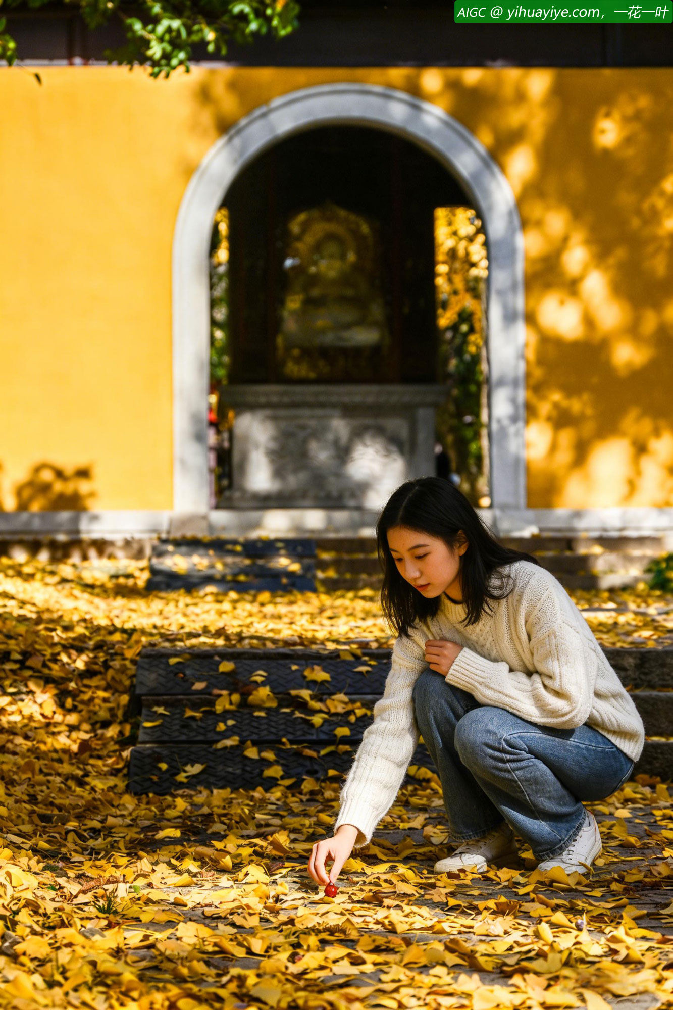 苏州上方山，治平寺。地上铺满了金黄的银杏叶