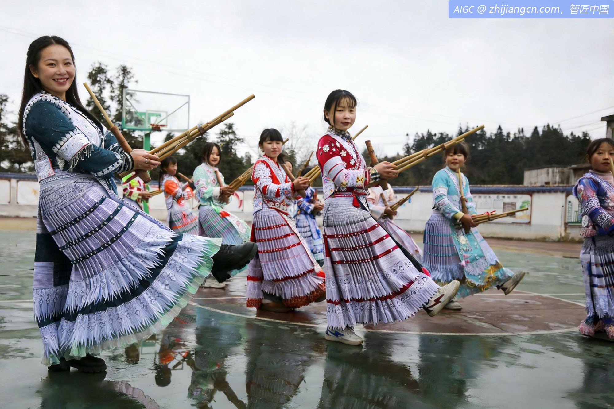 贵州省黔西市高坡小学的老师带领学生练习苗族芦笙舞