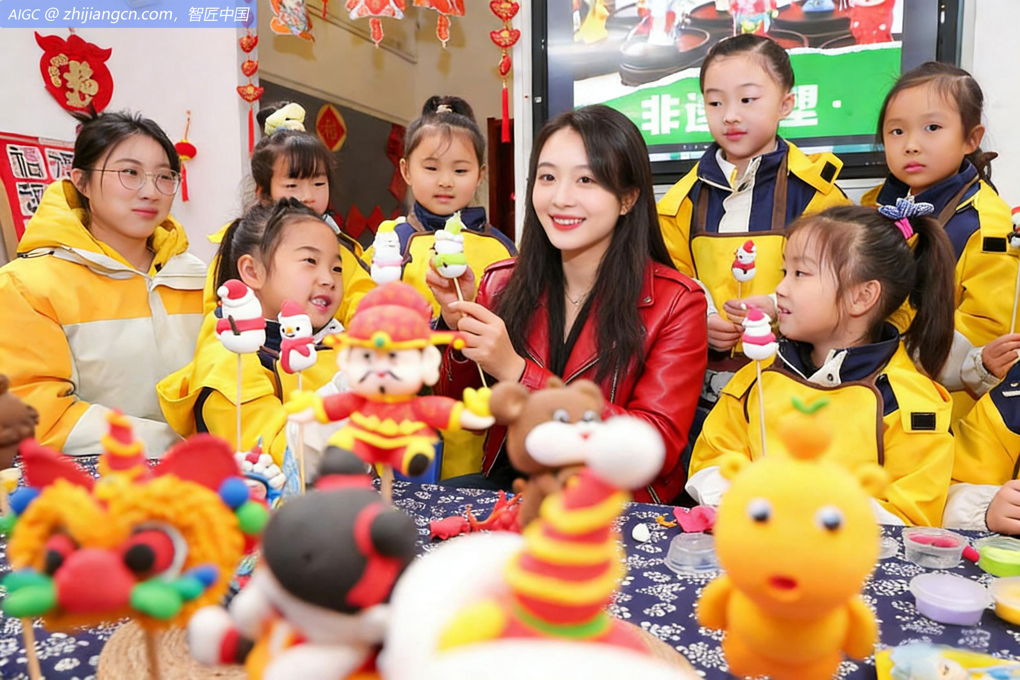 萌娃们在老师的指导下学习捏面人技艺