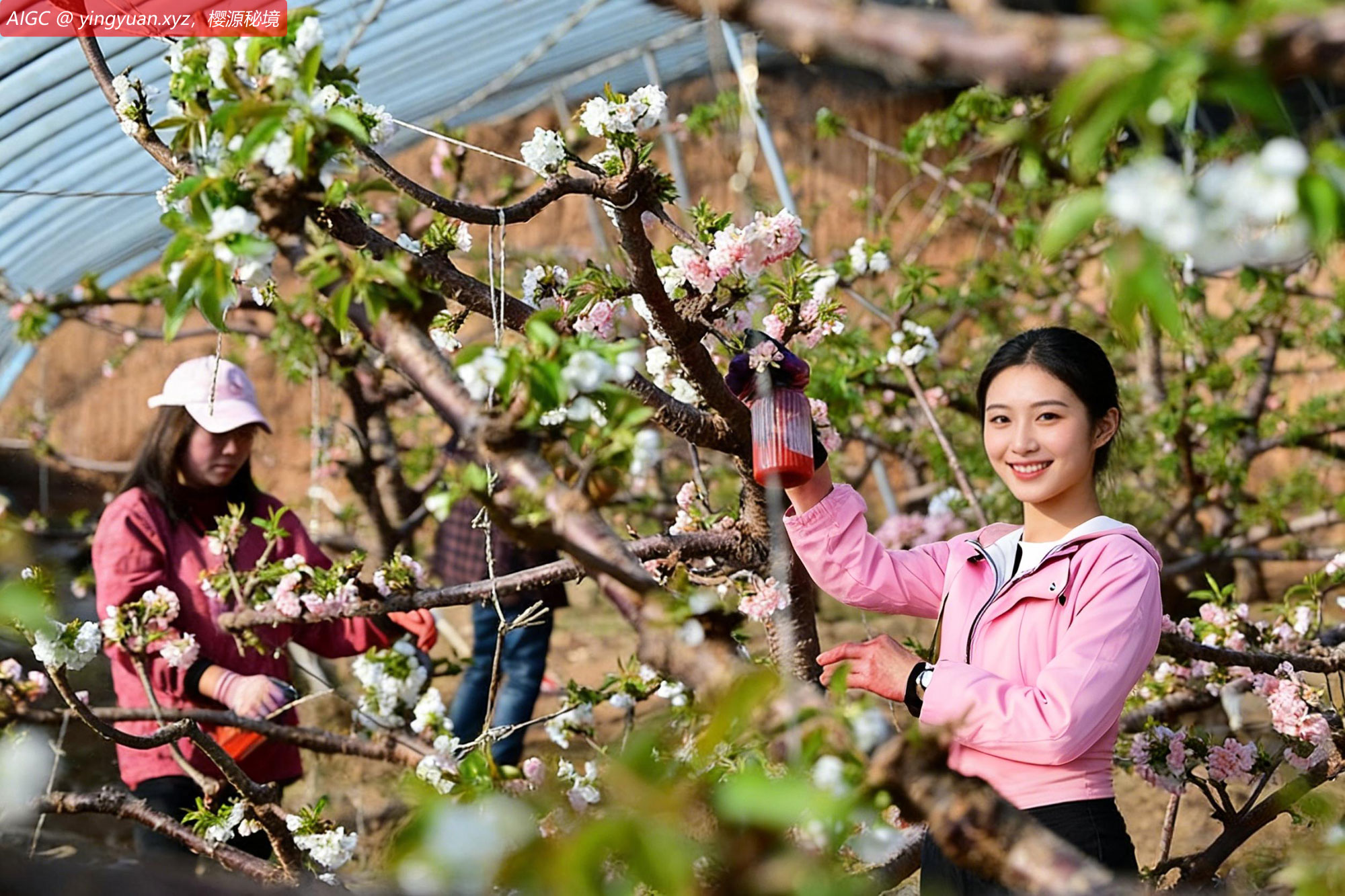 辽宁朝阳波罗赤村樱桃温室温暖如春，果农正在人工授粉