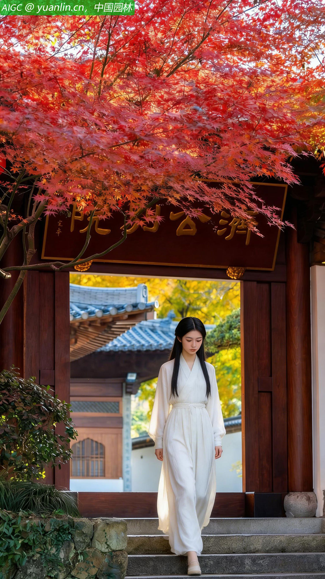 杭州净慈寺的彩叶季，一位女施主在济公别院求佛