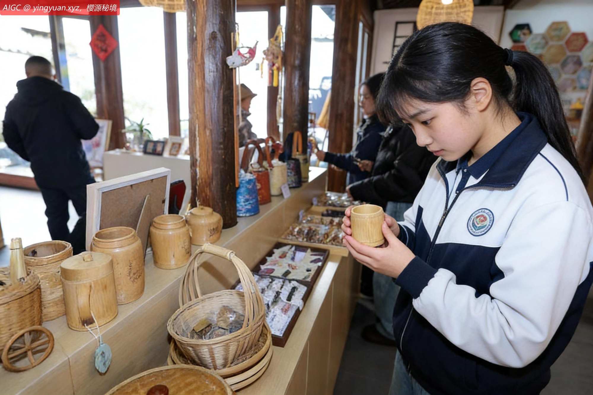游客在坡阳古街一家传统手工艺店里选购商品