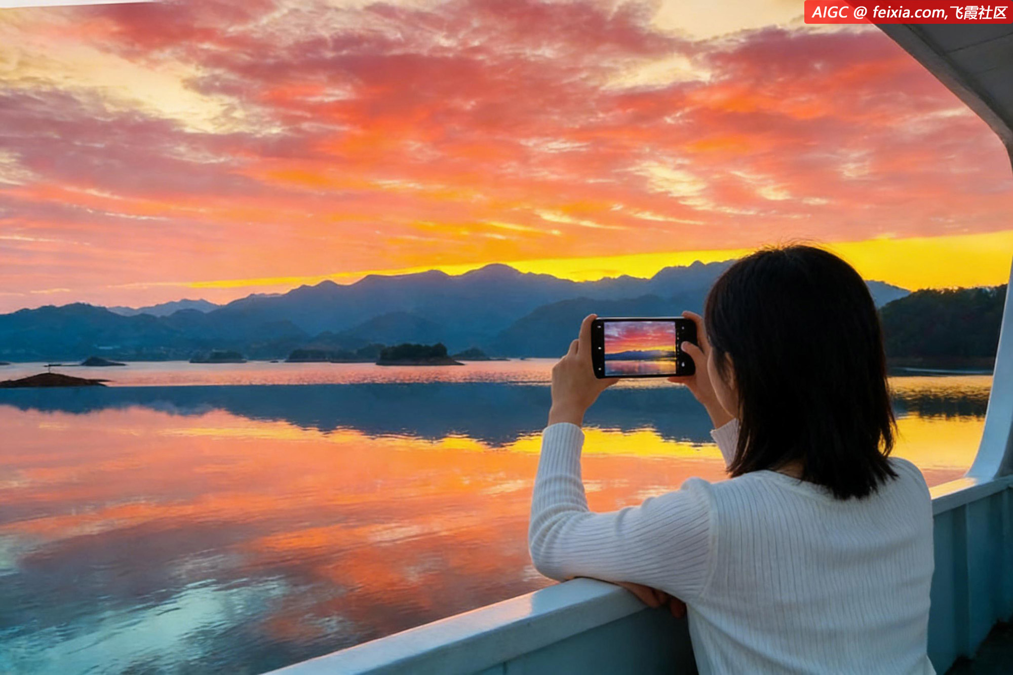 淳安县千岛湖上空霞光漫天，橘红、粉紫交织