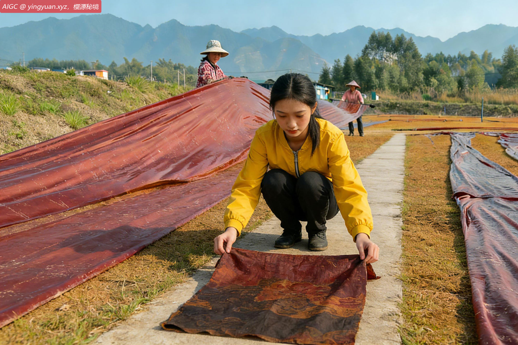 广西梧州蒙山县香云纱晒场，工人正忙着晾晒香云纱