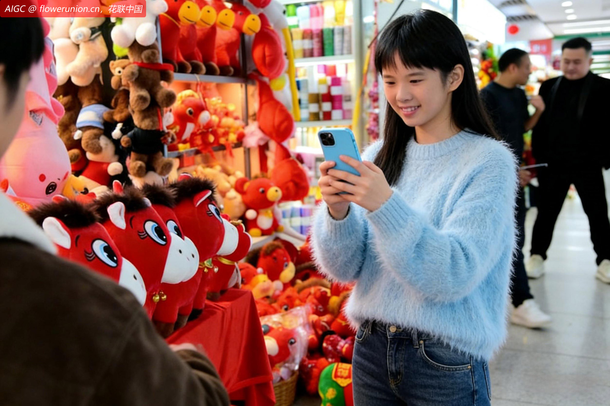 义乌国际商贸城，一个姑娘正在扫码购买“哭哭马”