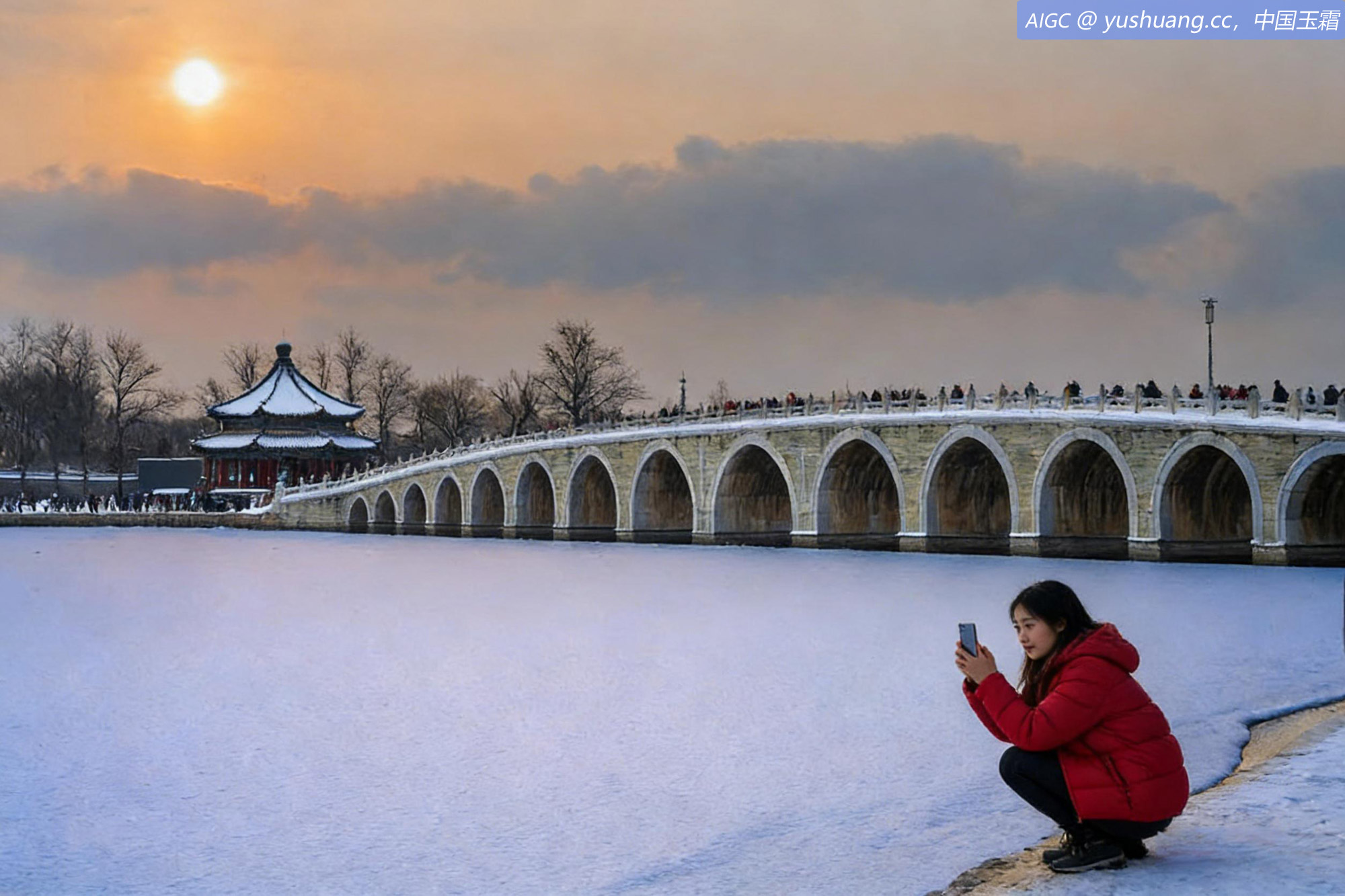 北京颐和园雪景。十七孔桥静卧冰面