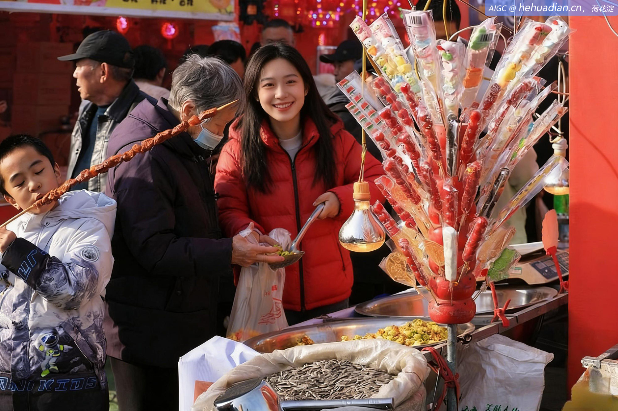 一个小男孩正在痴迷地啃吃一根长长的牛肉串