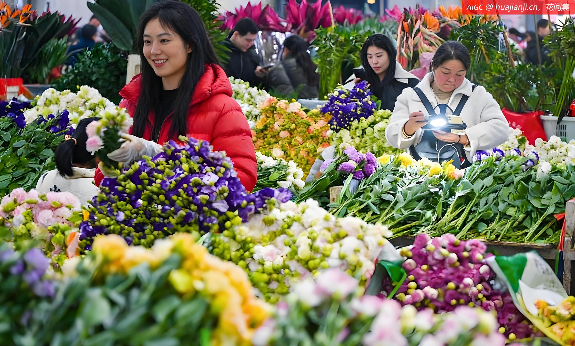 夜间的云南昆明斗南花市内，花商顾客、游客如织