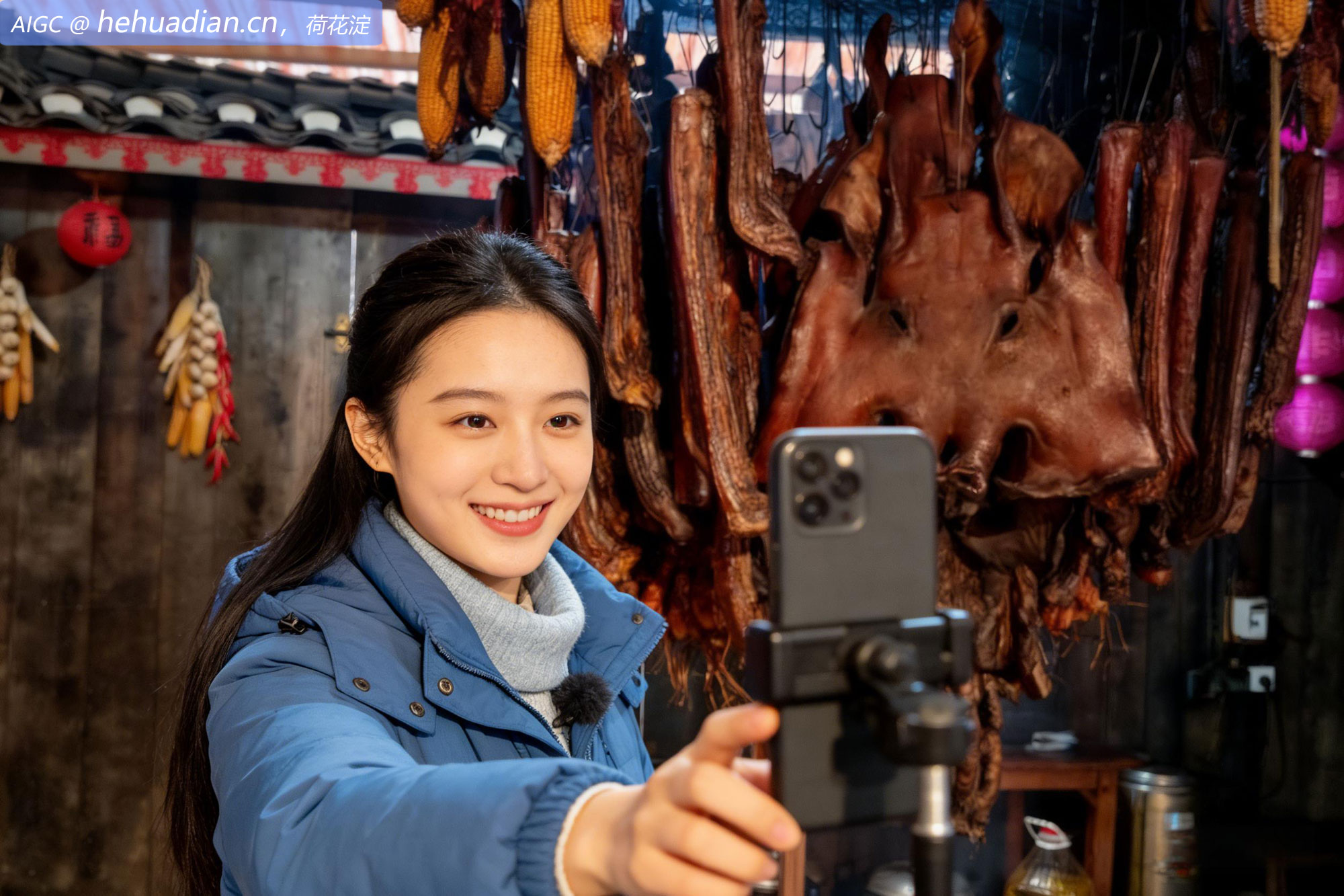 广西融水镇梦呜苗寨，一位主播直播推介苗家腊肉