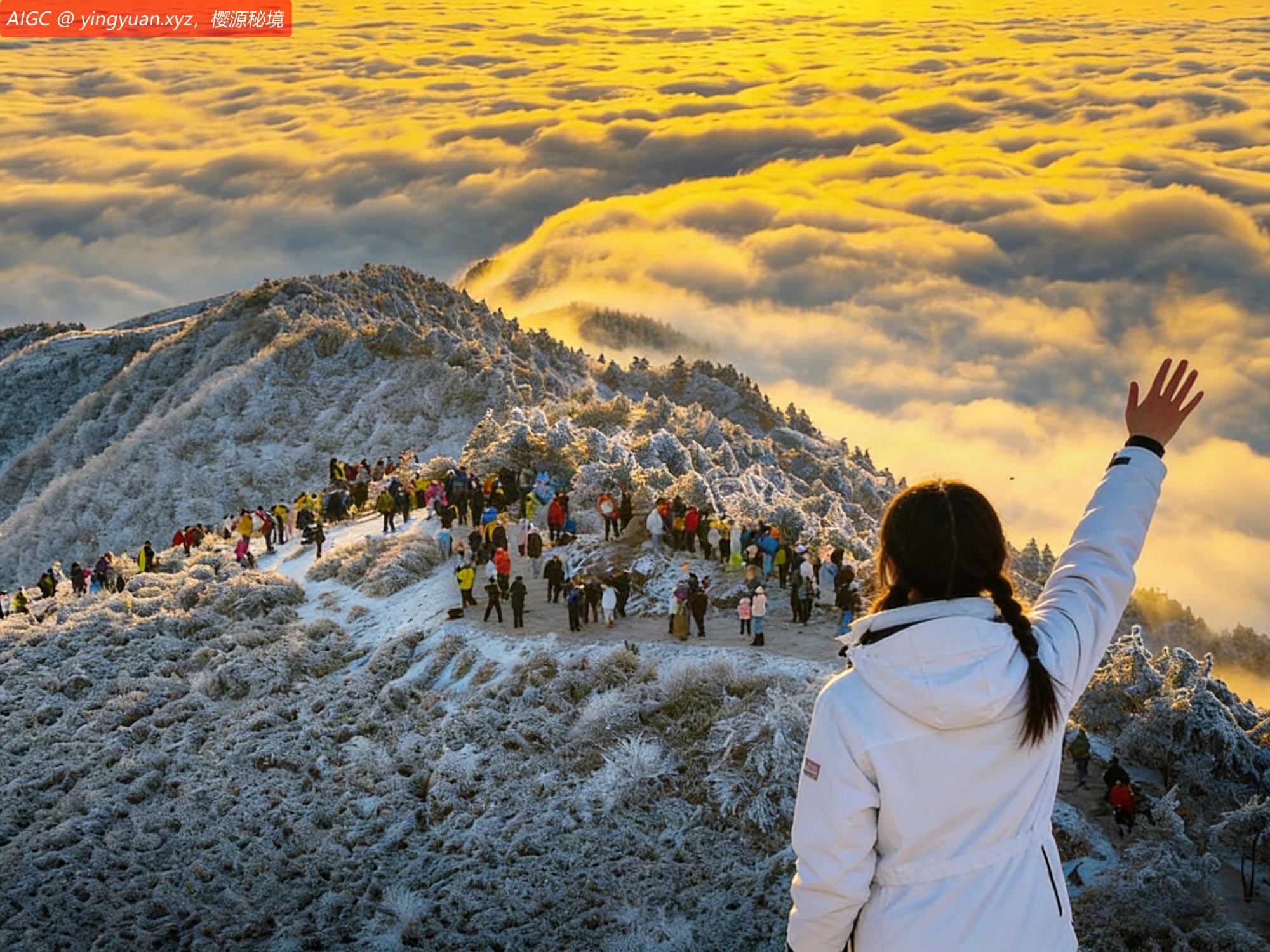 杭州临安太子尖：雪覆山巅，云海翻涌，朝阳破晓，金光满天