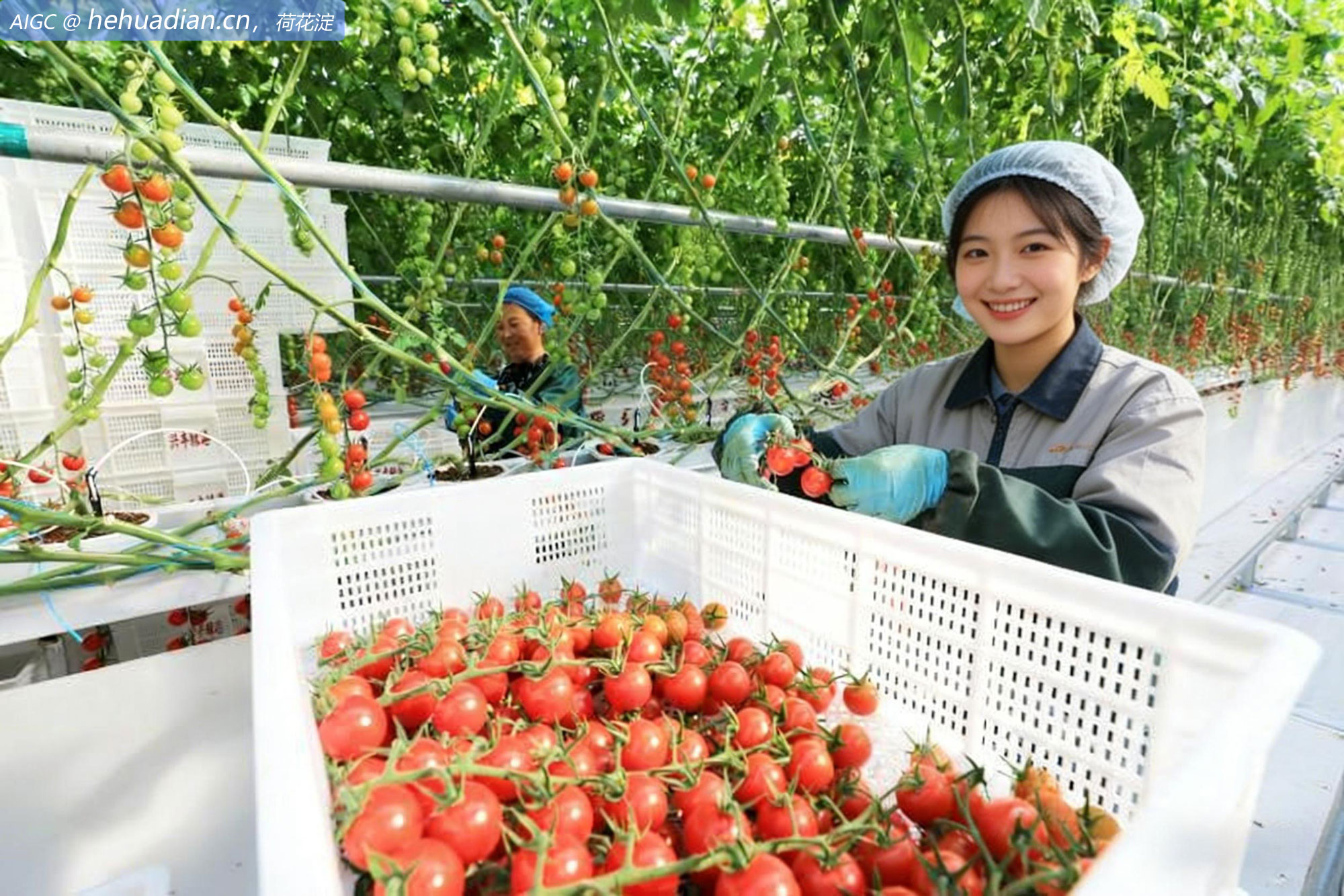 安徽省淮北市智慧农业产业园内，工人采摘小番茄