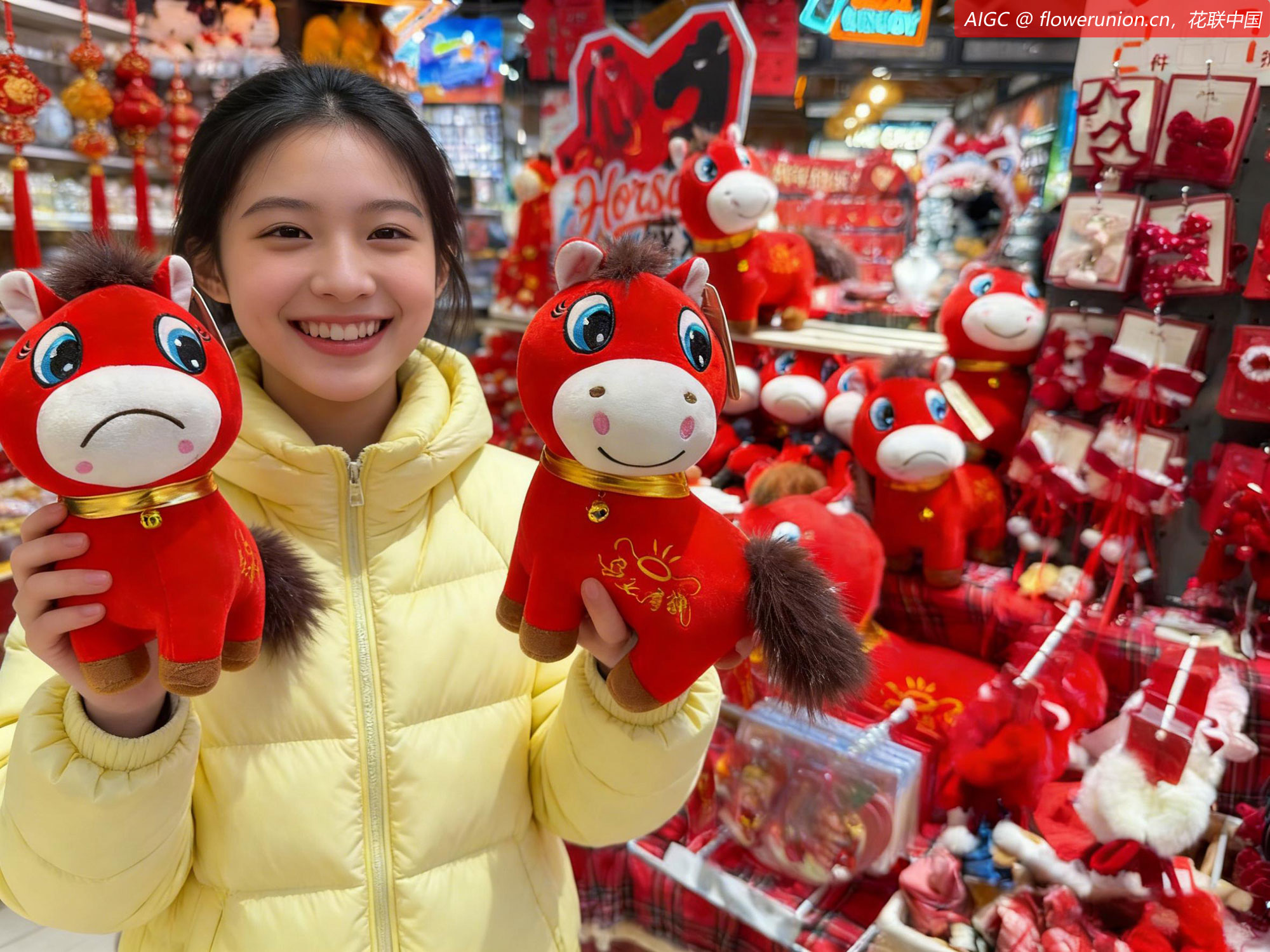 义乌小商品市场内，一个小姑娘捧着哭哭马和微笑马