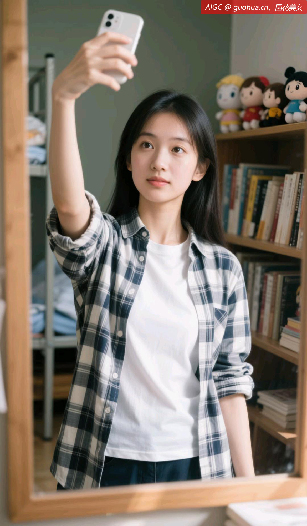 若曦在大学宿舍里，她身着白T恤与格子衬衫