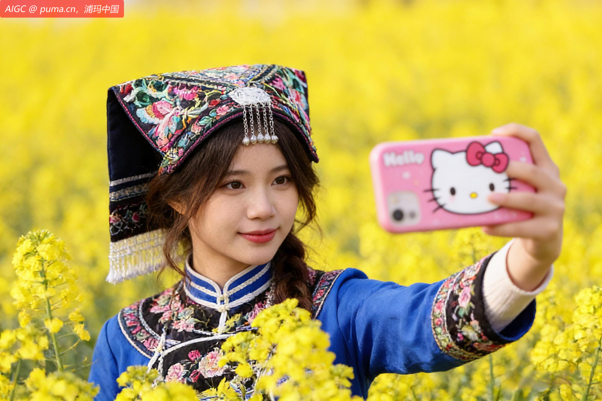 游客在贵州省黔南金海雪山油菜花田里自拍