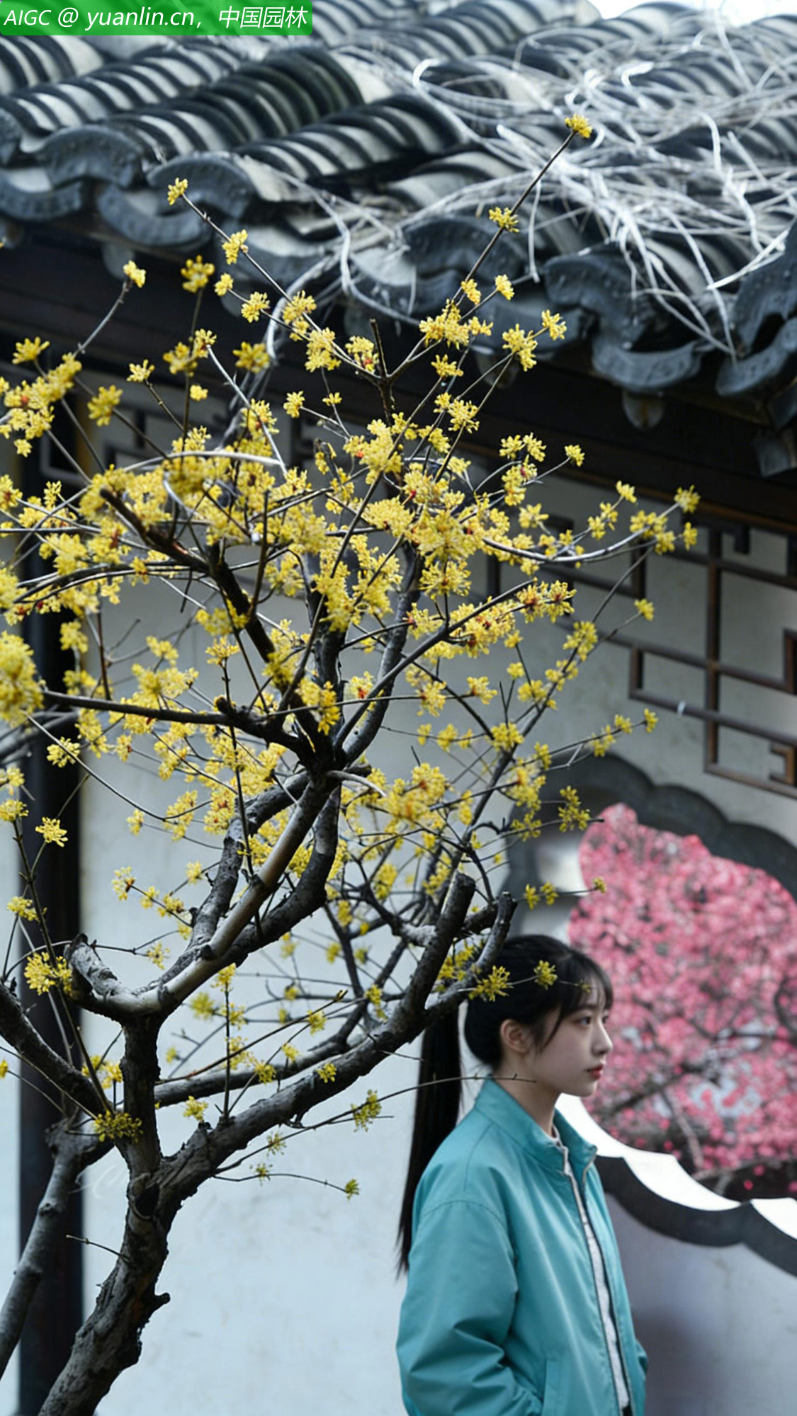 南京老门东芥子园，游客从廊前的景窗旁走过