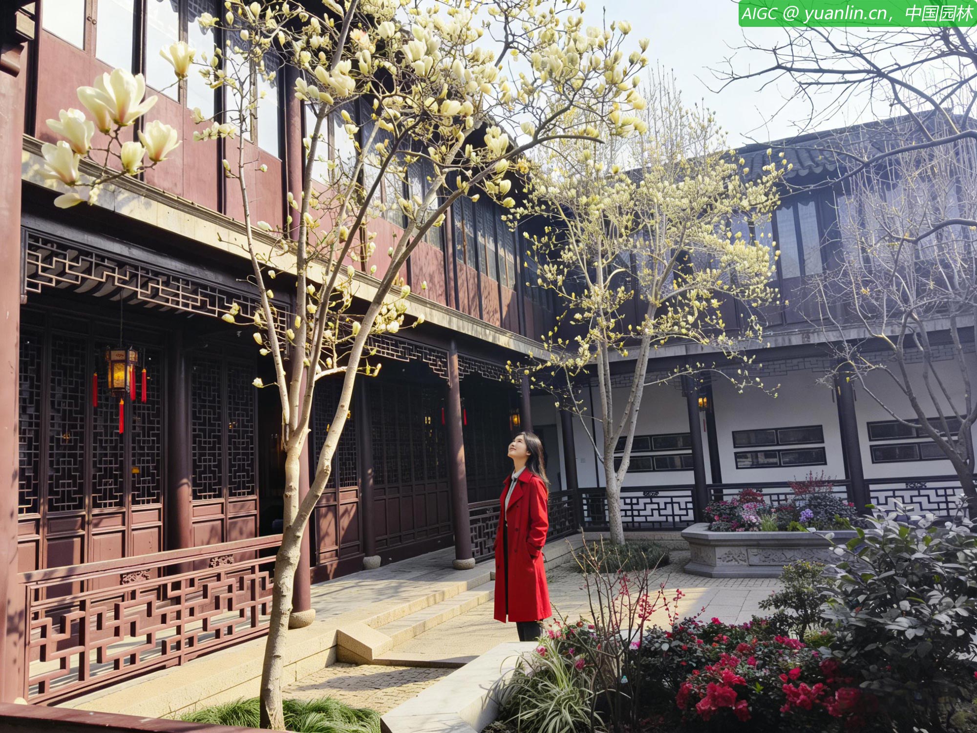 苏州耦园。玉兰初花，洁白与淡黄的花朵缀满枝头