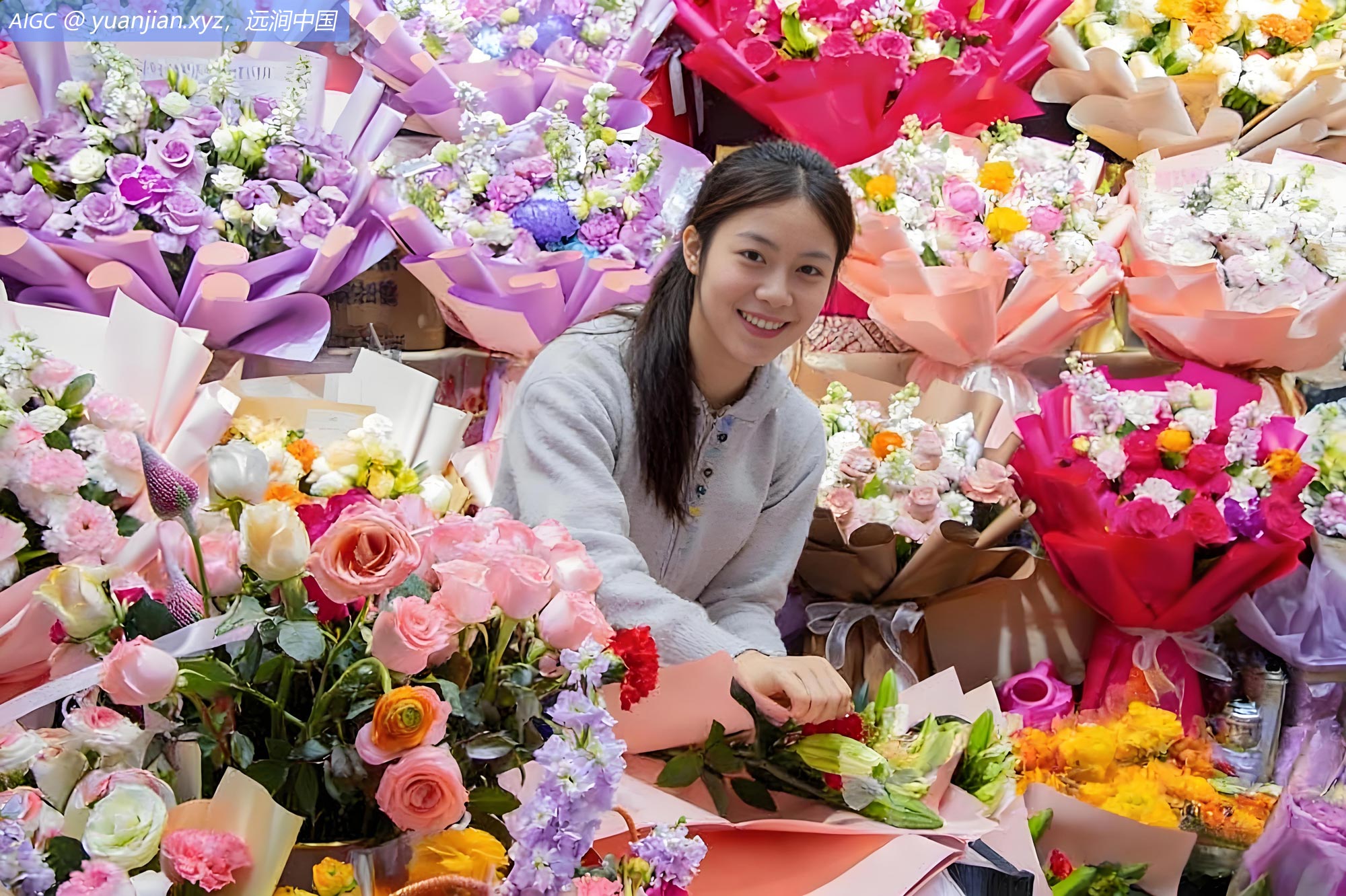 新疆乌鲁木齐市明珠花卉市场，花店老板为顾客包装鲜花