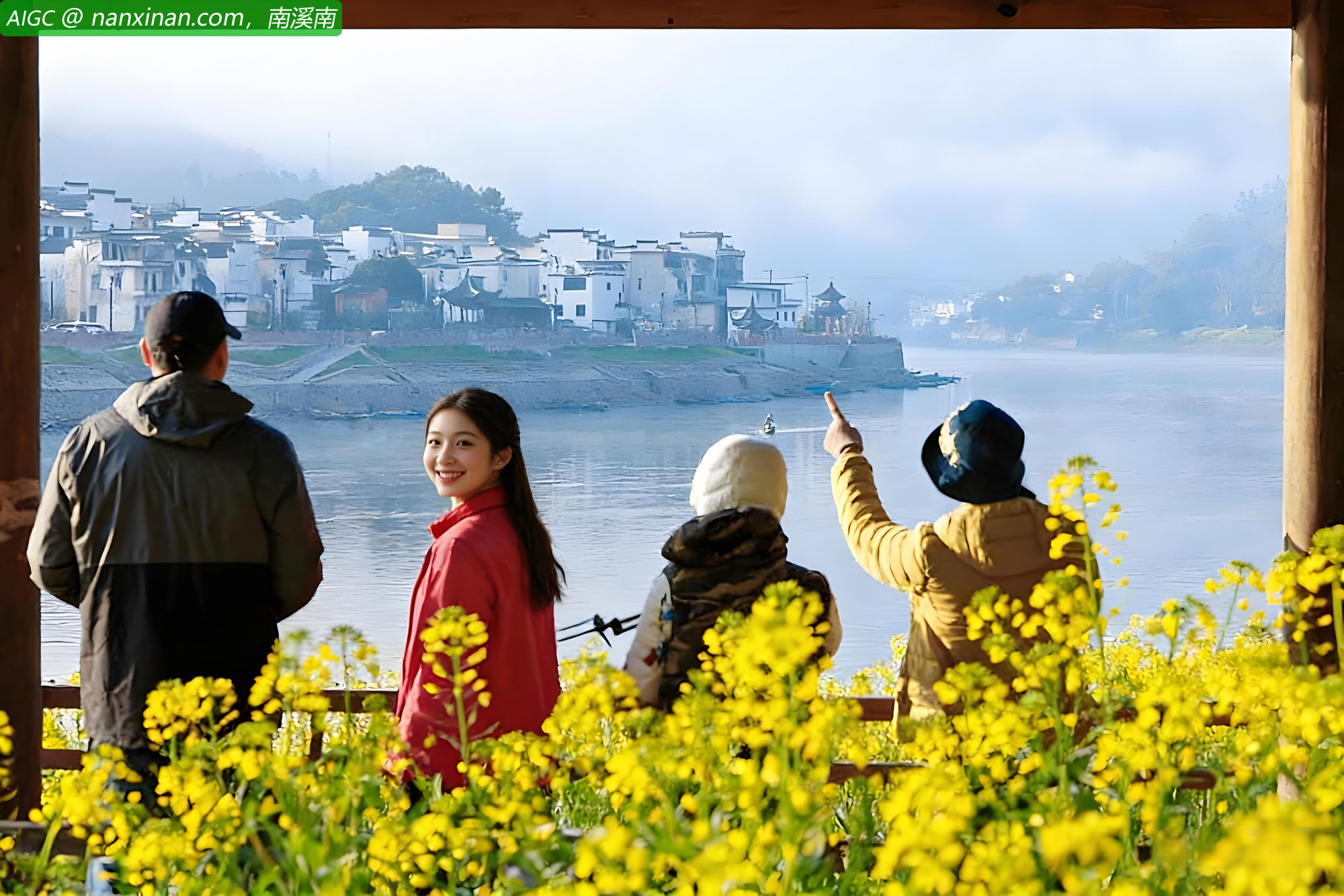 安徽黄山：新安江畔油菜花开 江面碧波荡漾