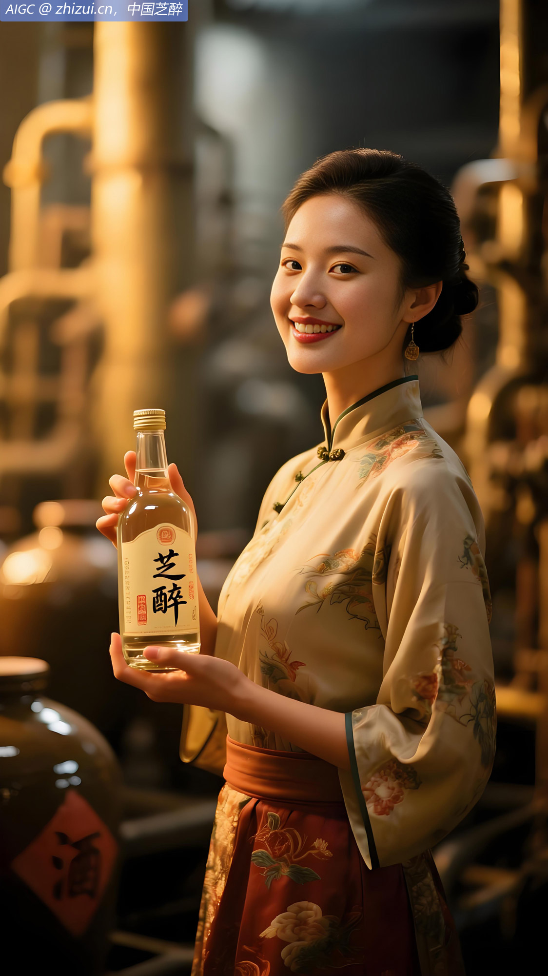 林芝手持“芝醉”烧酒，面带温婉笑意