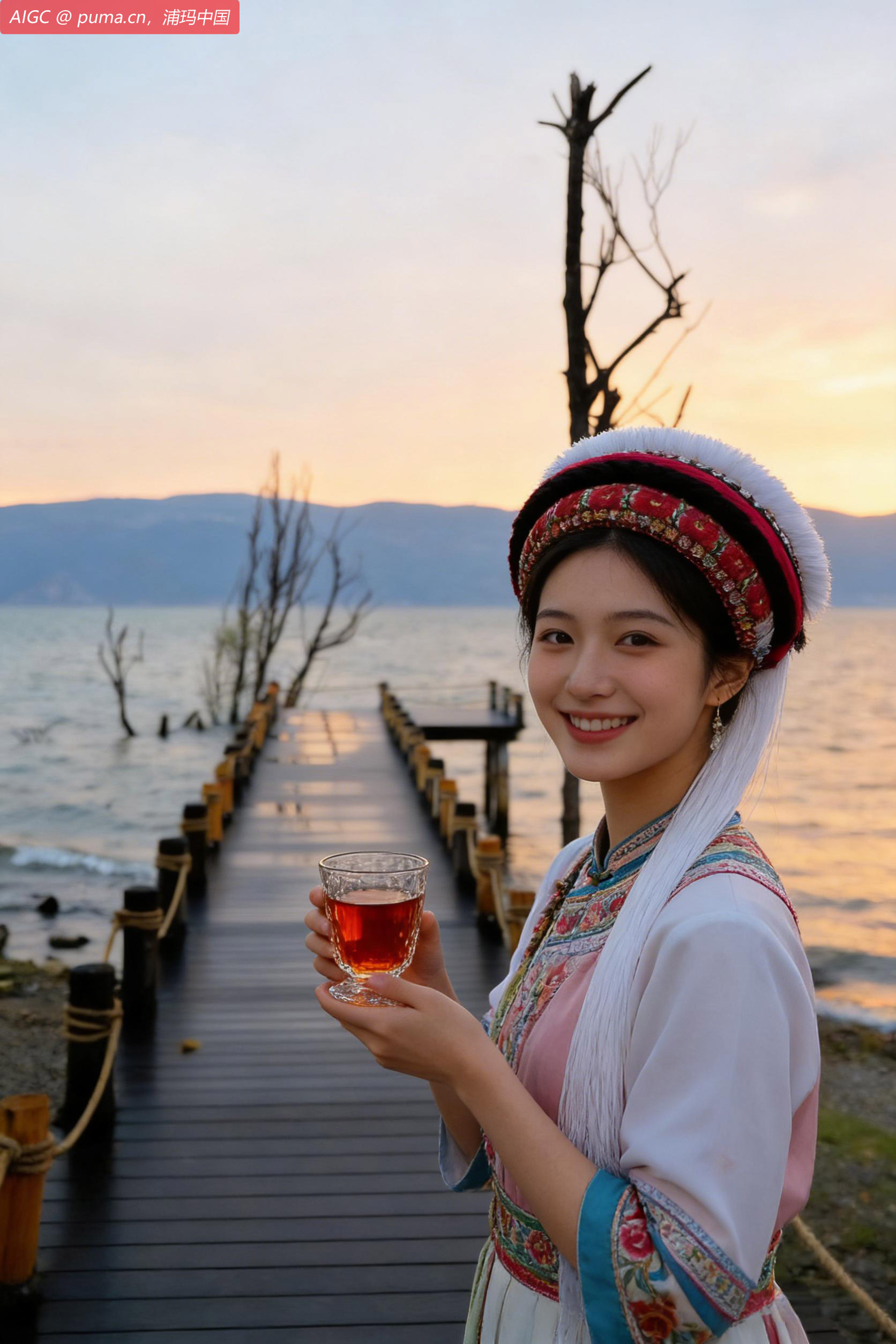 云南大理，洱海边日出映红天际