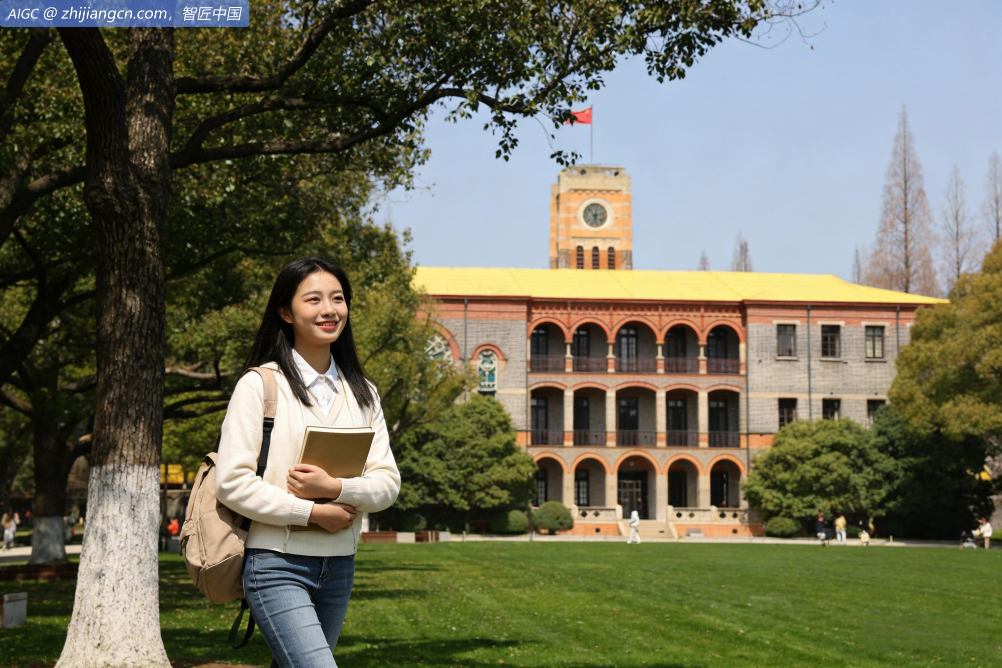 苏州大学天赐庄校区，一位女生怀抱书本走过香樟树荫