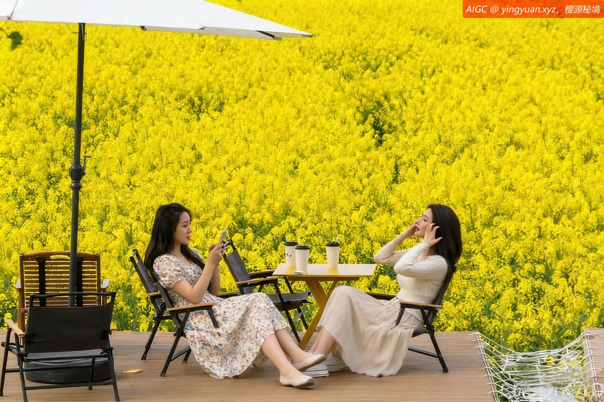 安徽省芜湖市响水涧村，游客在油菜花田边的“村咖”店品尝咖啡