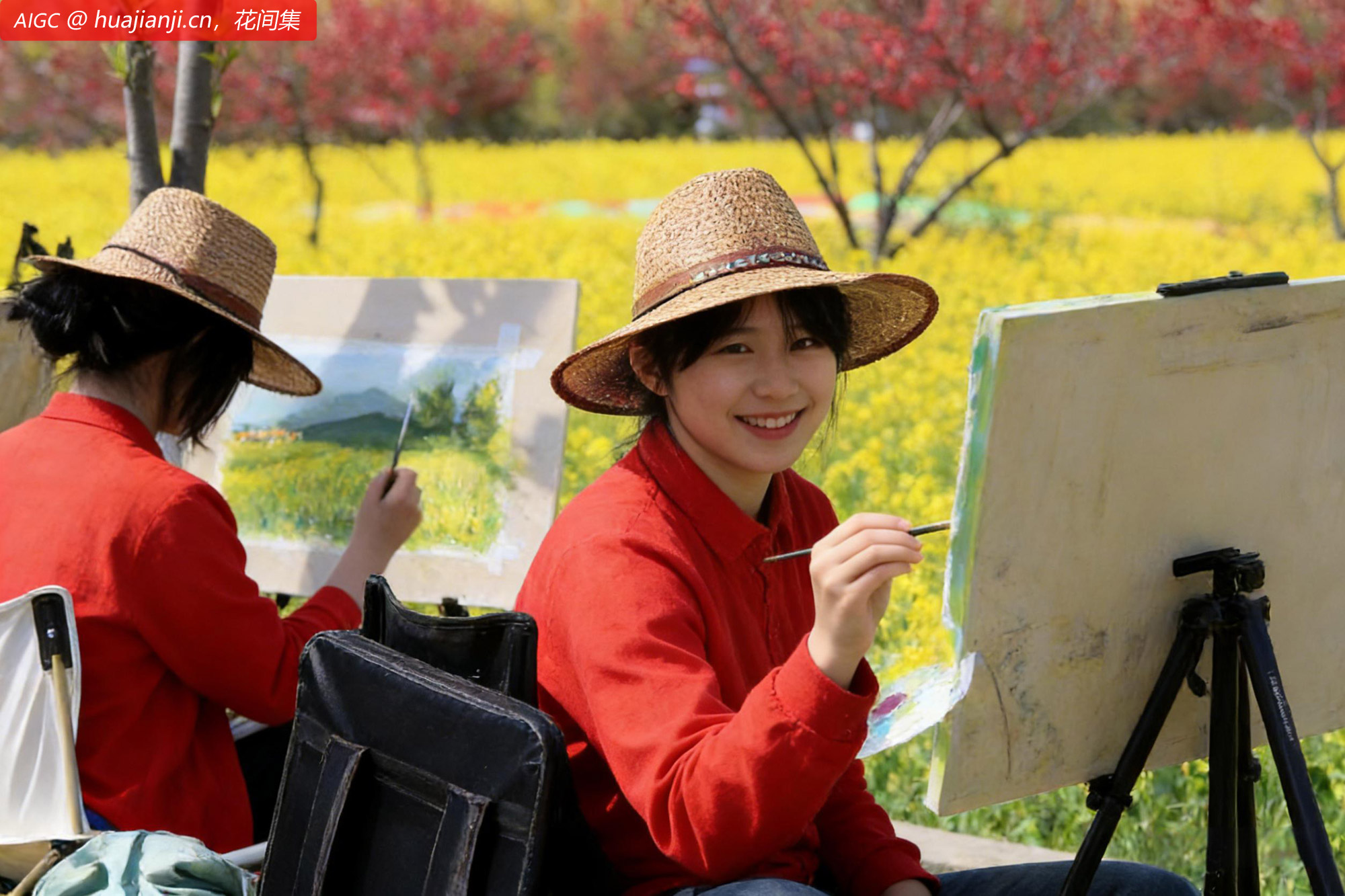 河南许昌，襄城县第三高中的同学们在油菜花田间画画