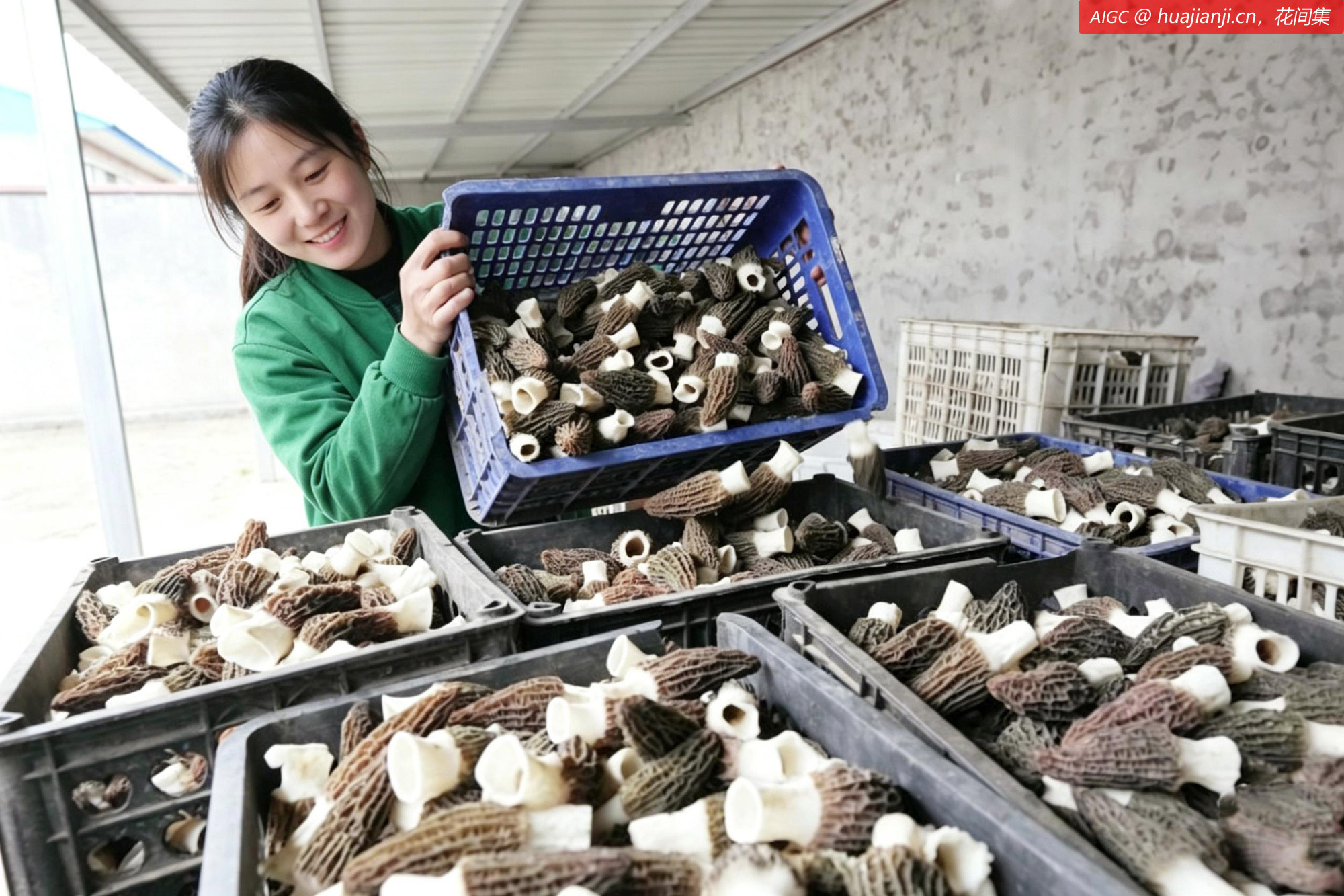 河北省迁安市上射雁庄镇农民在整理分拣好的羊肚菌。