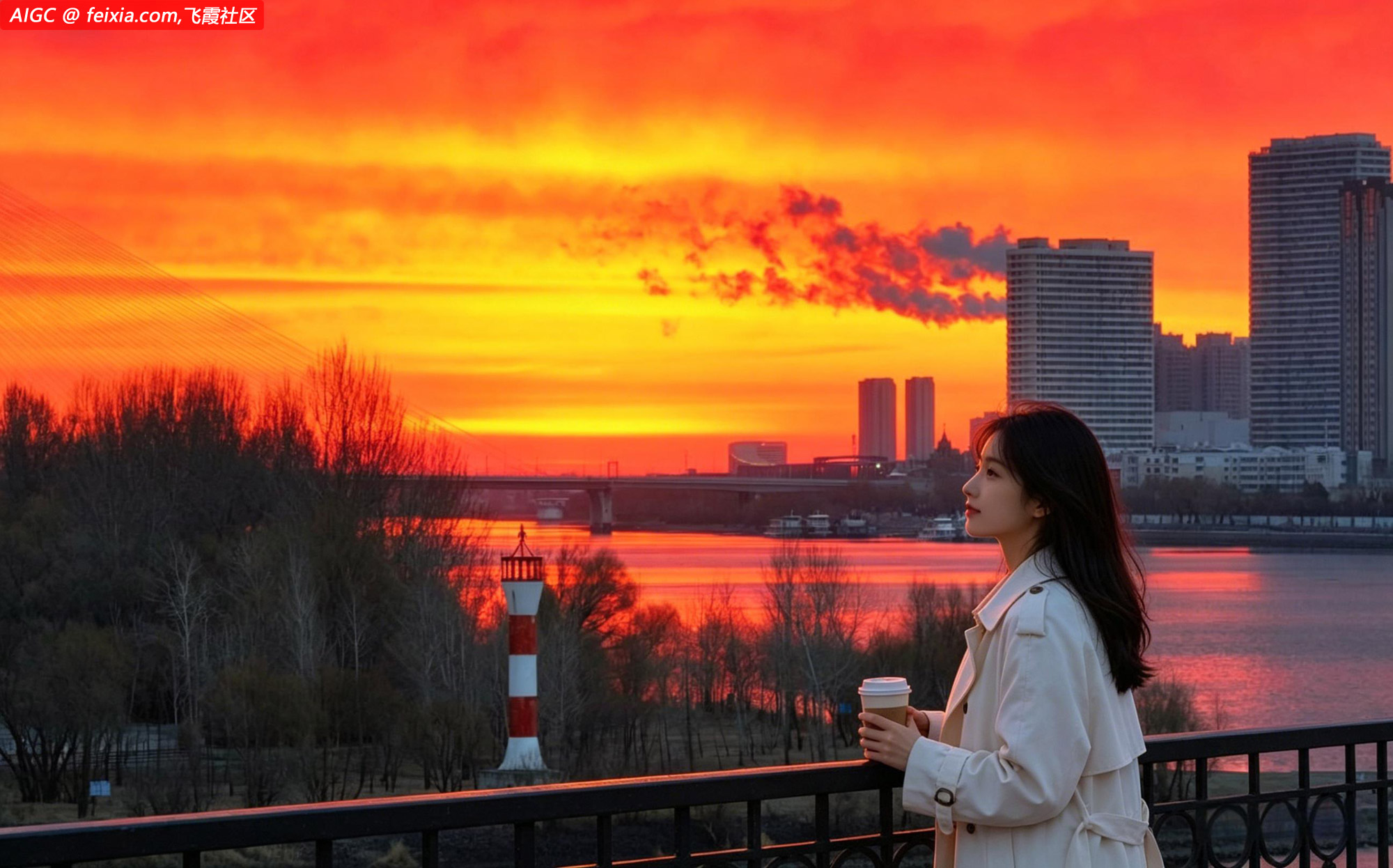 哈尔滨：朝霞如打翻颜料盘晕染松花江面