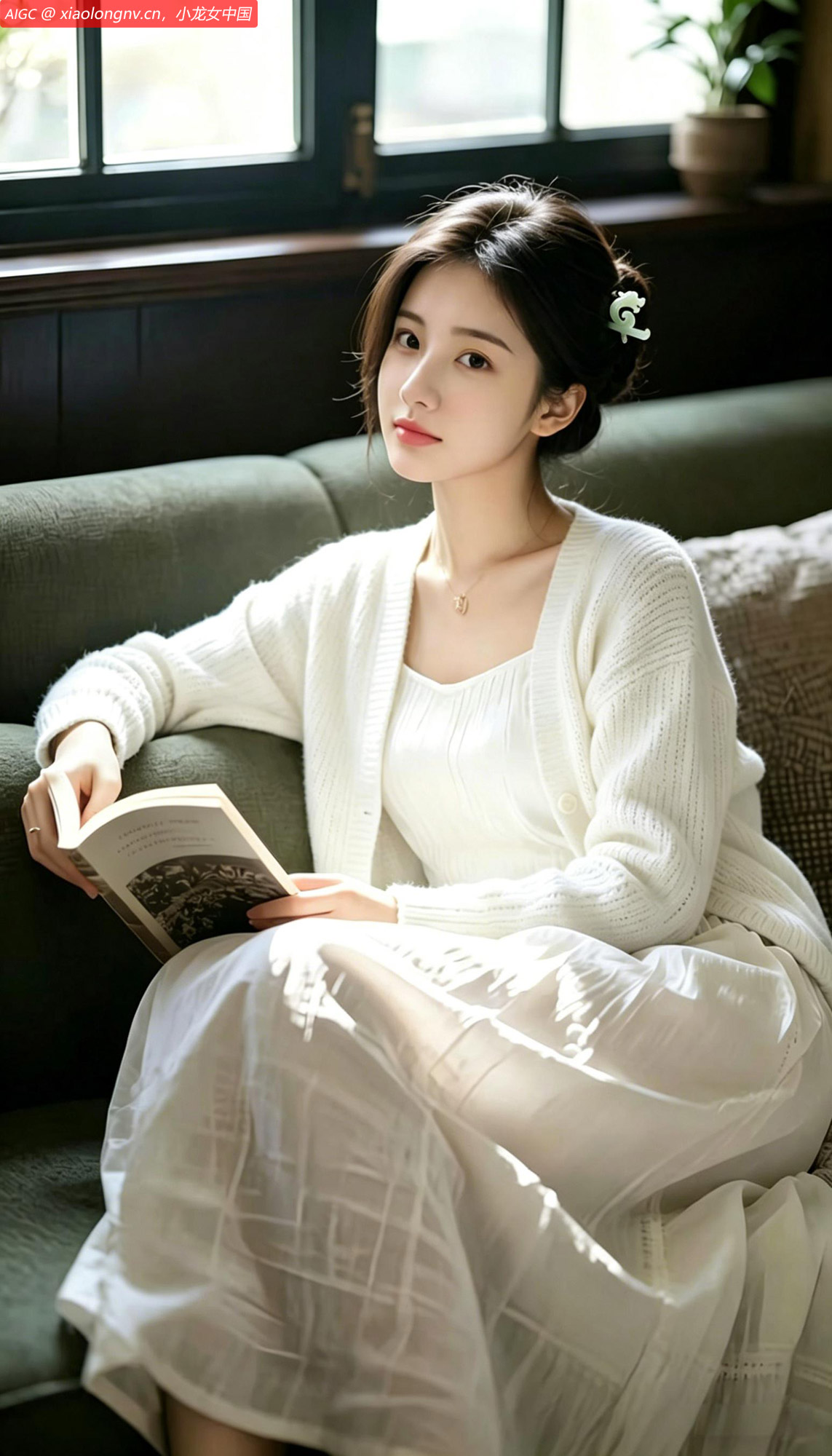 春光熹微，小龙女一身素雅，静享阅读时光