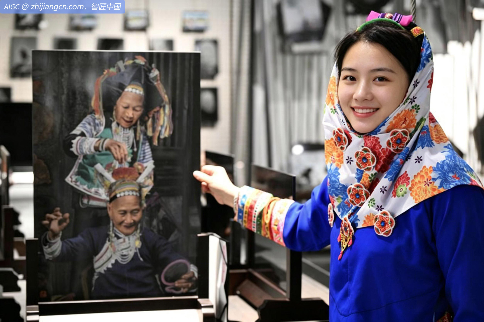 一位惠安女正在介绍以惠女为主题的影雕作品