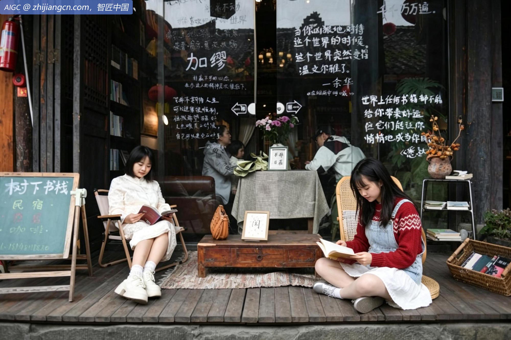 游客在阆中古城内的树下书栈读书休闲