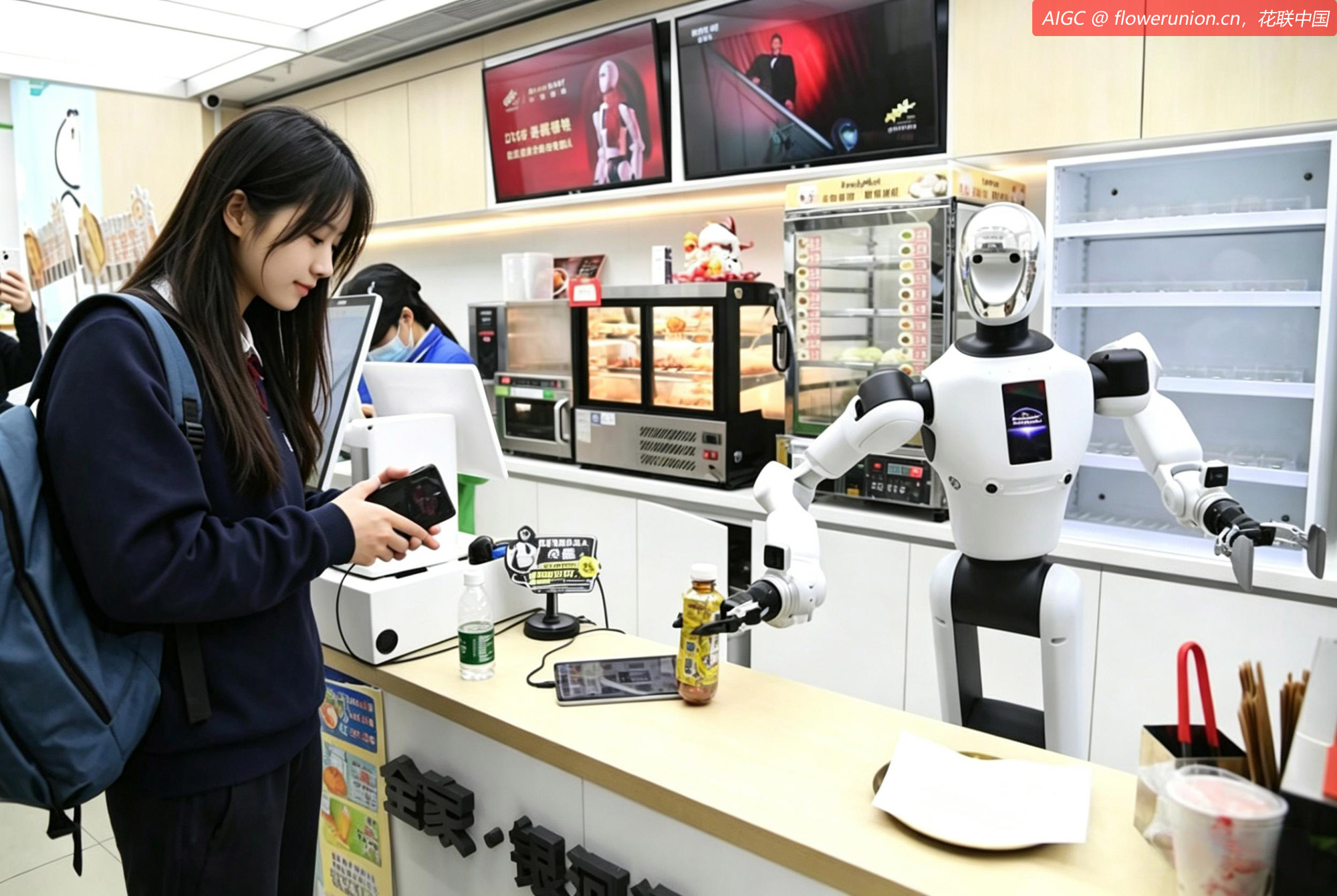 北京市海淀区中关村便利店，机器人为顾客抓取烤肠