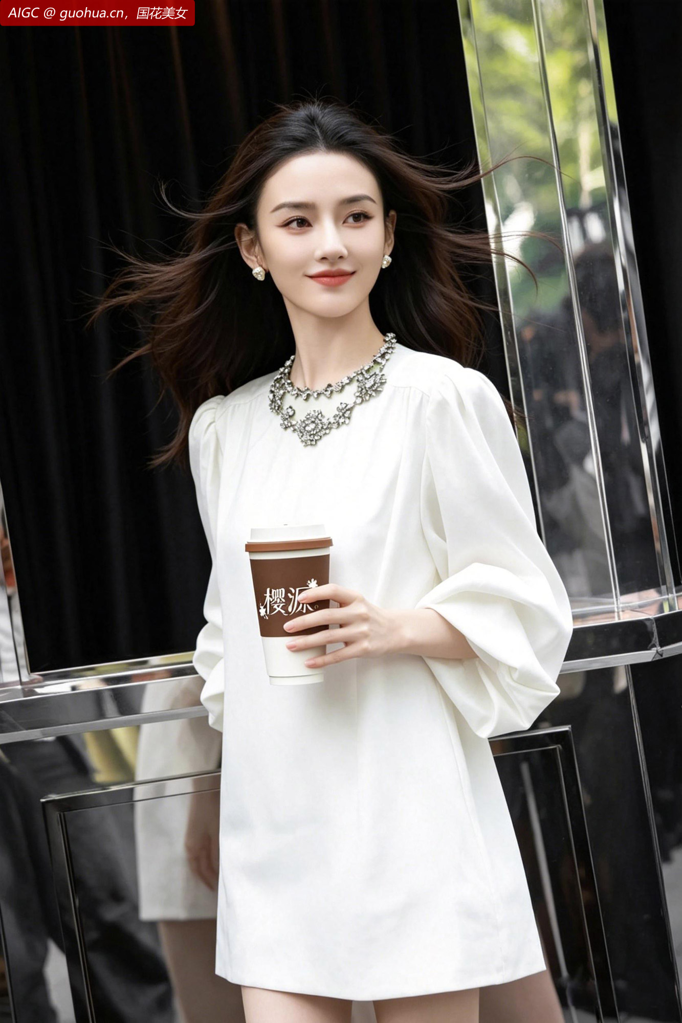 Officelady晓樱身着一袭简约白色连衣裙