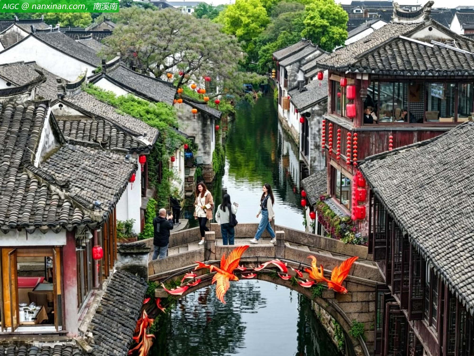 周庄古镇。小桥流水、青瓦白墙与摇橹船相映成趣