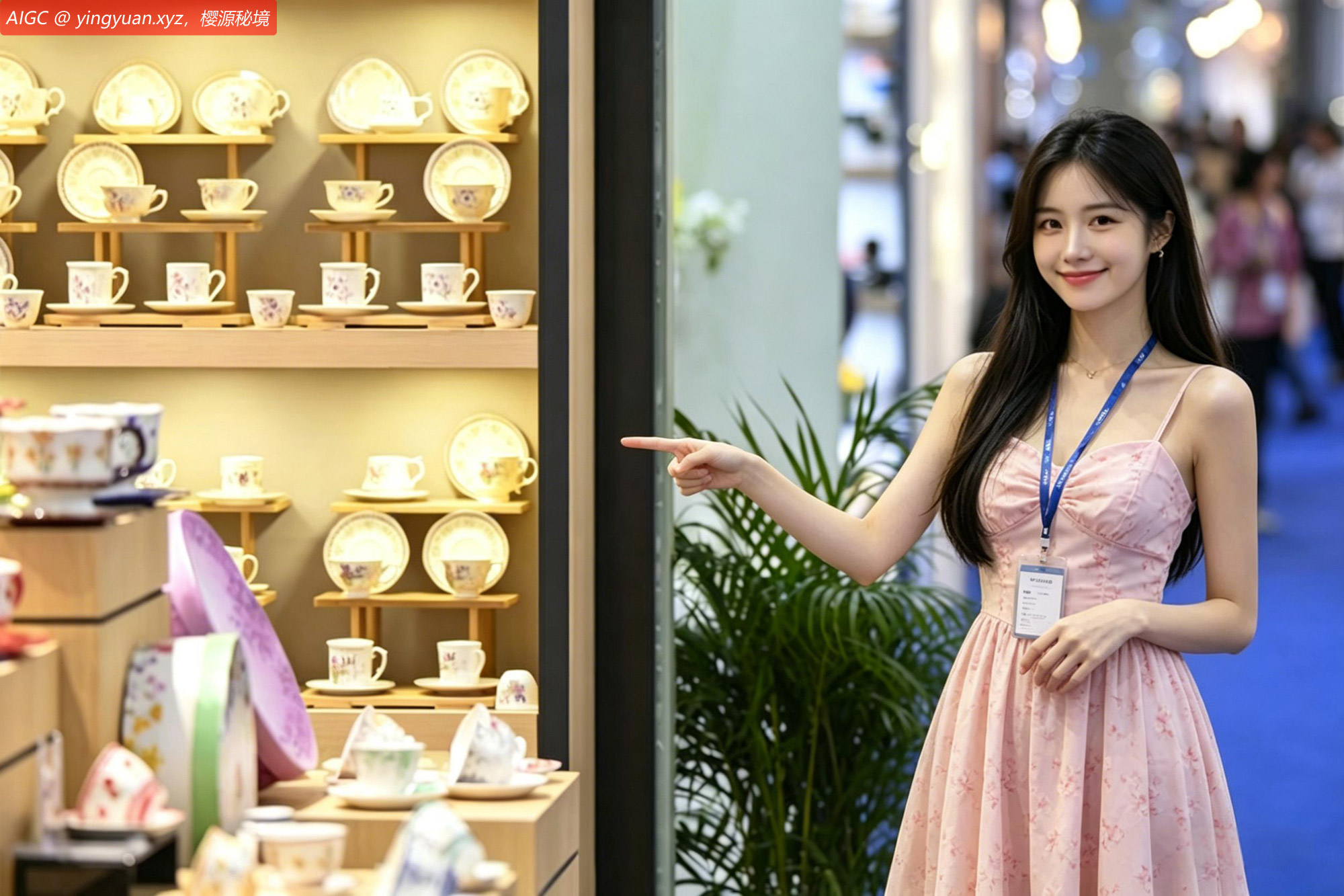 广交会上，一位樱源品牌瓷器的工作人员在介绍茶具