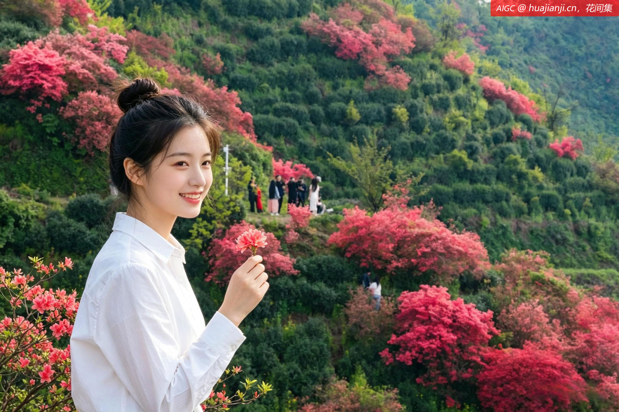 安徽省宣城市白云山生态茶园，漫山映山红与翠绿茶垄