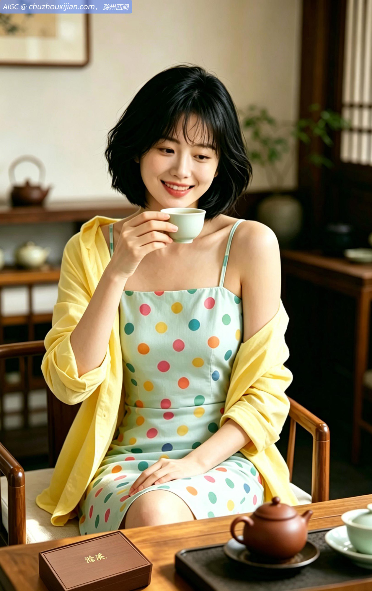西涧湖畔的滁州西涧茶室，芳夏姑娘轻品滁溪春茶