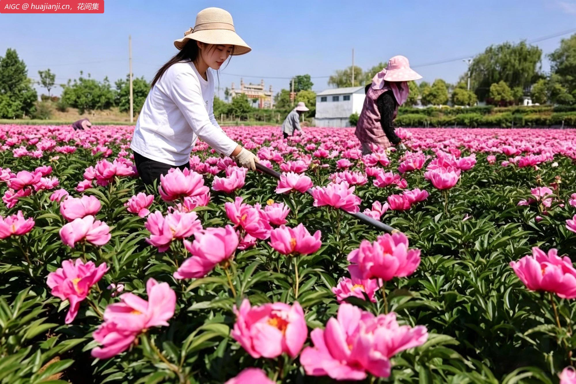 山东省枣庄市刘岭村农民为芍药松土锄草