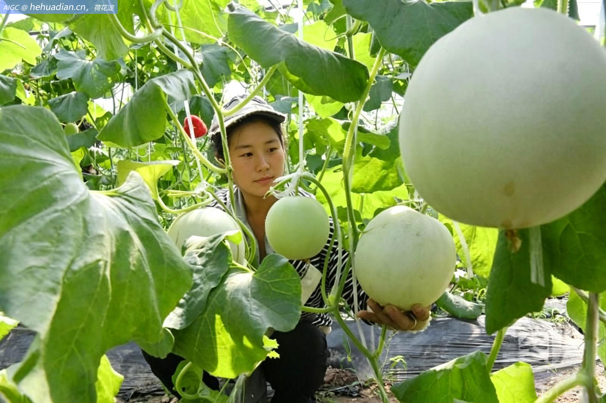 河北省邯郸市南阳堡村，农户在查看白玉瓜长势